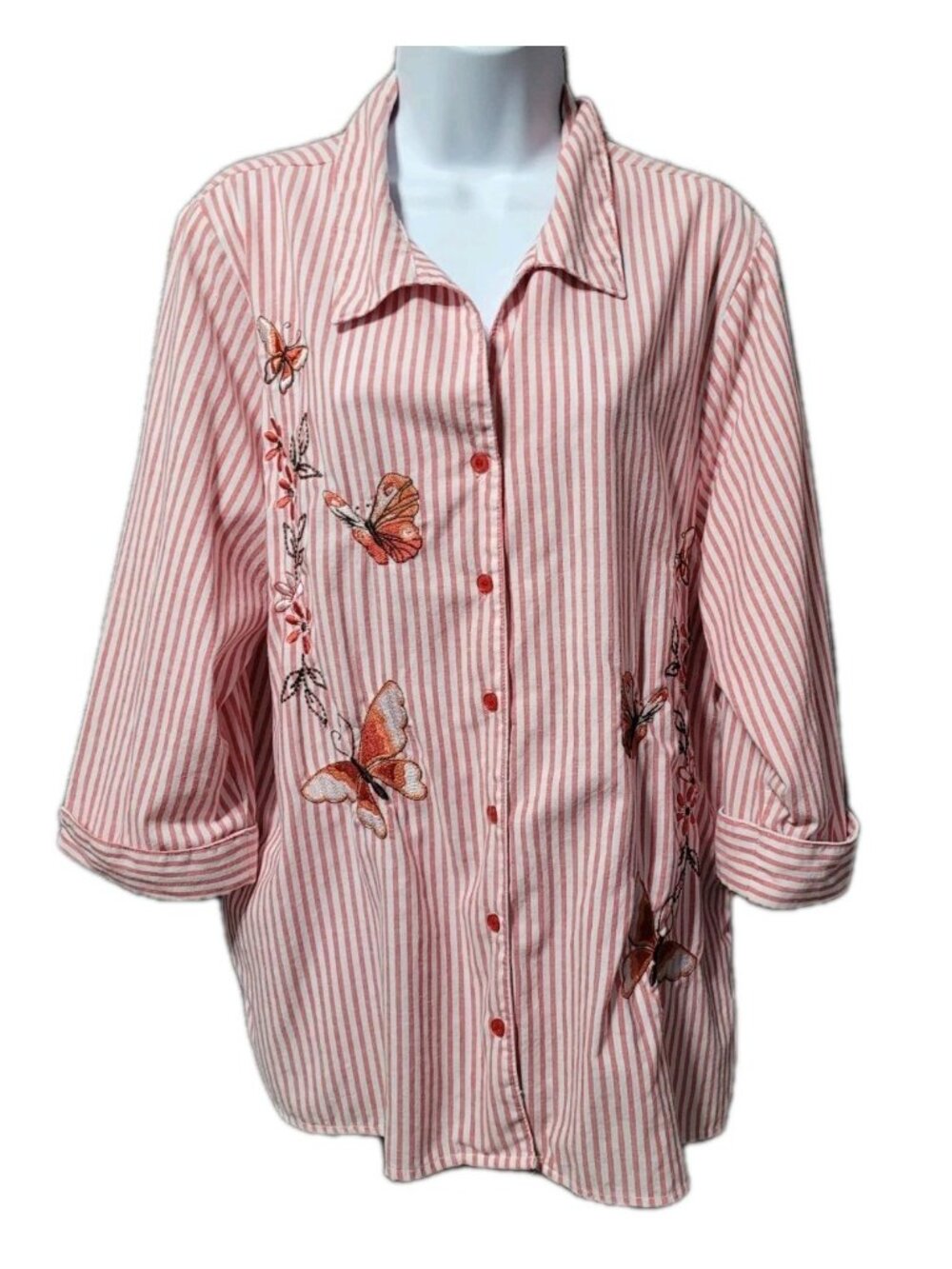 Pink Striped Blair Vintage Butterfly ‎ Button Up Blouse Womens Large 3/4 Sleeve